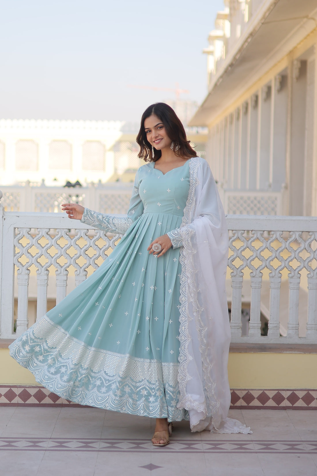 Beautiful Sky Blue Color Embroidery Work Gown With Dupatta by My Store
