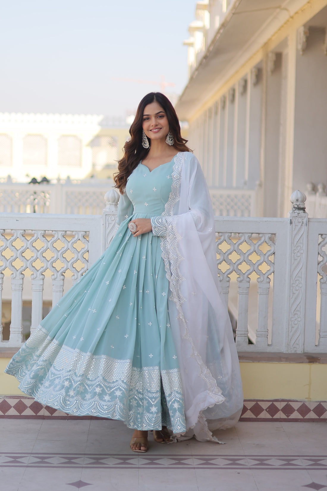 Beautiful Sky Blue Color Embroidery Work Gown With Dupatta by My Store