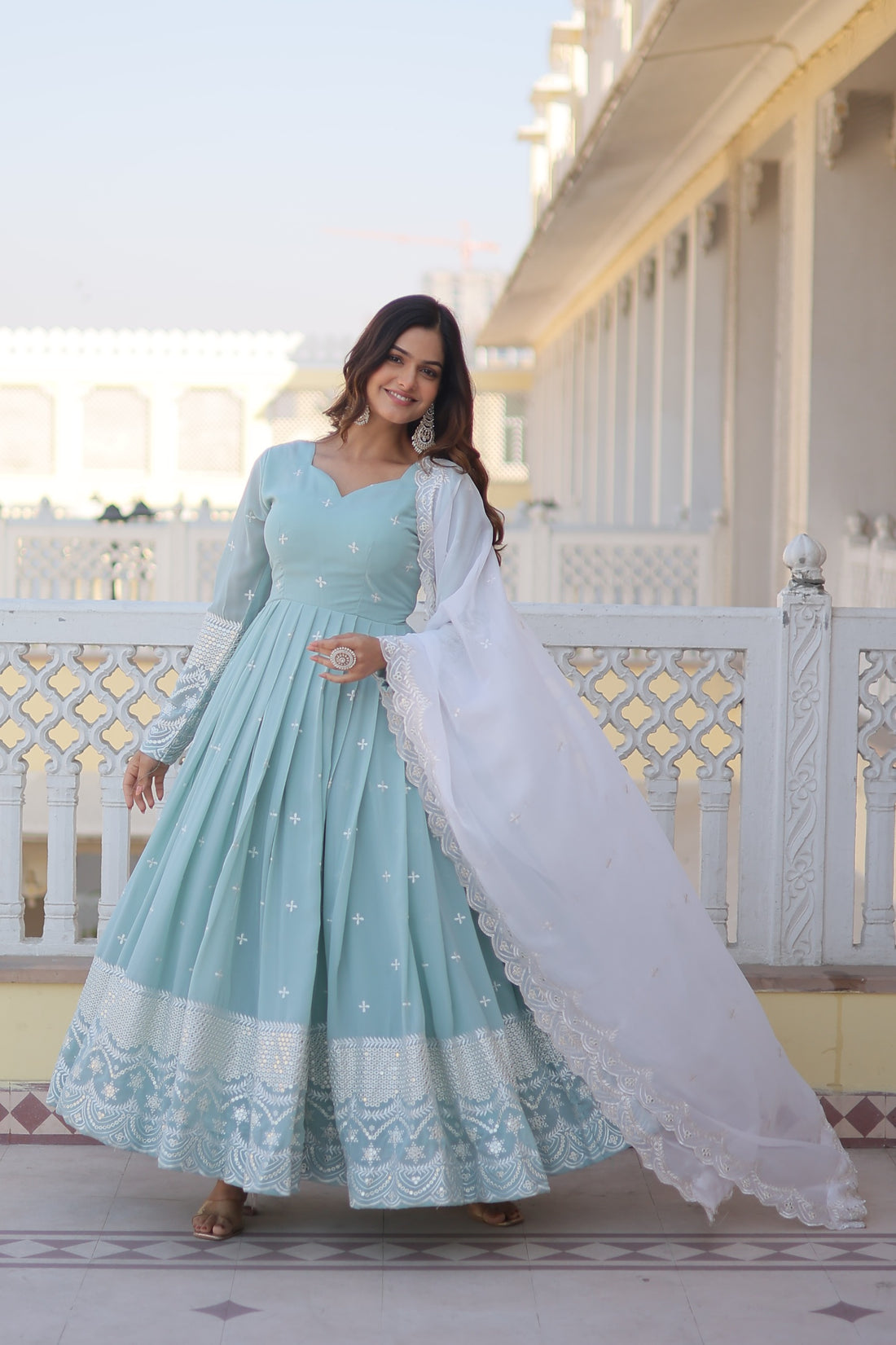 Beautiful Sky Blue Color Embroidery Work Gown With Dupatta by My Store