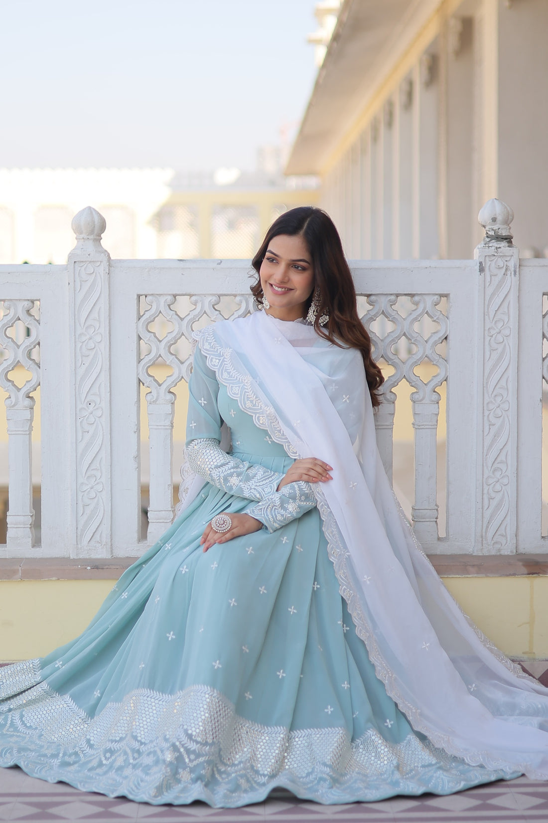 Beautiful Sky Blue Color Embroidery Work Gown With Dupatta by My Store