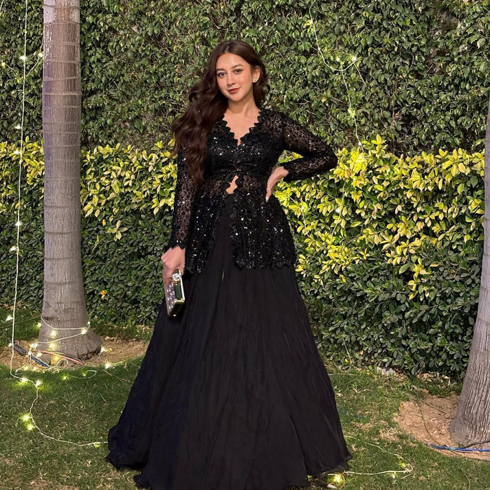 Designer Blazer Style Heavy Work Black Color Top With Lehenga by My Store