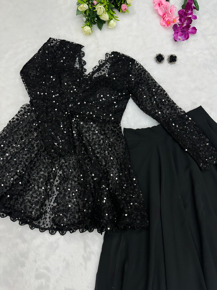 Designer Blazer Style Heavy Work Black Color Top With Lehenga by My Store