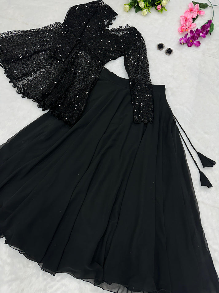 Designer Blazer Style Heavy Work Black Color Top With Lehenga by My Store