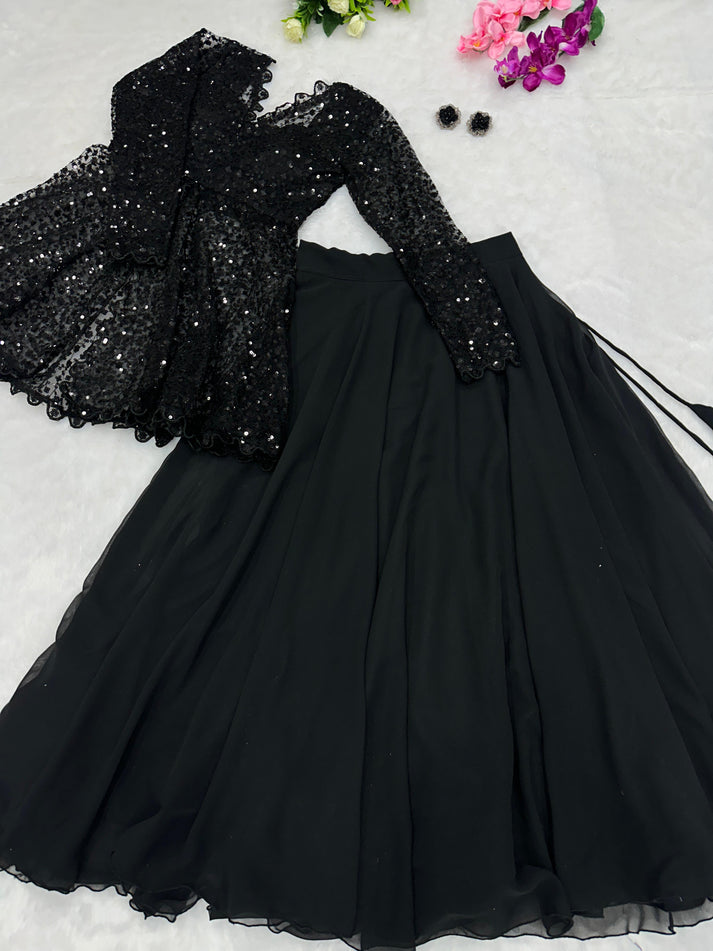 Designer Blazer Style Heavy Work Black Color Top With Lehenga by My Store