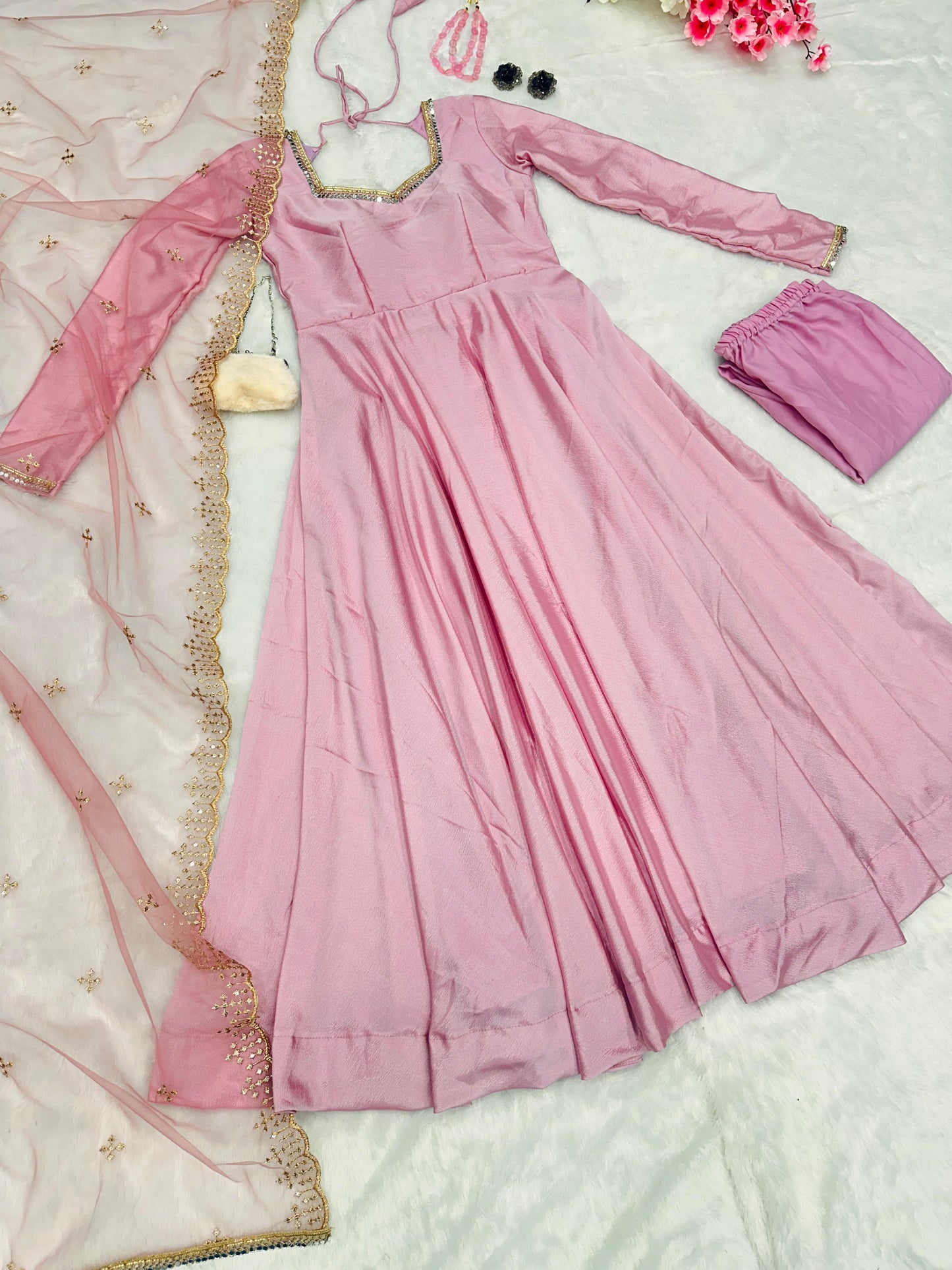 Delightful Light Pink Anarkali Gown With Net Dupatta by My Store