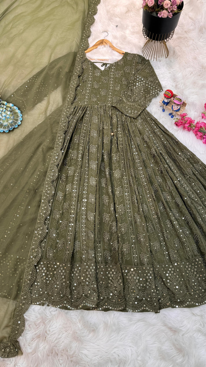 Mehndi Green Color Thread Sequence Work Gown by My Store