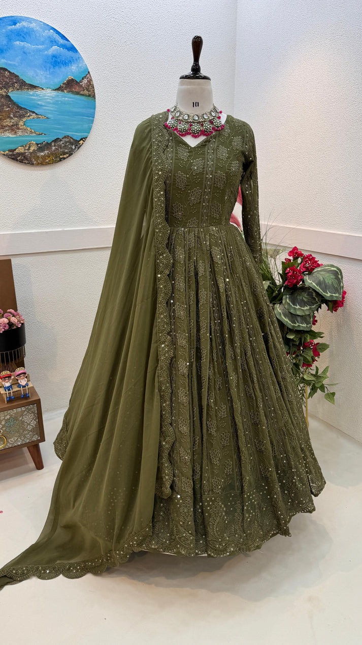 Mehndi Green Color Thread Sequence Work Gown by My Store