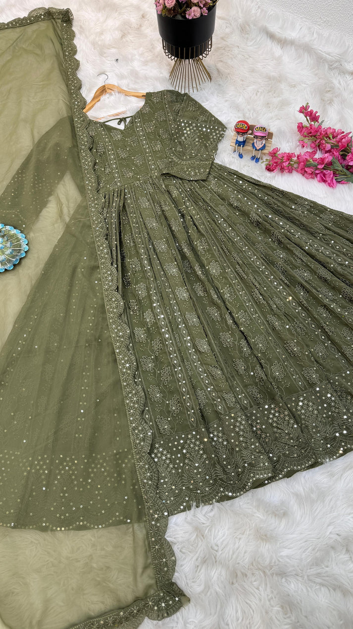 Mehndi Green Color Thread Sequence Work Gown by My Store