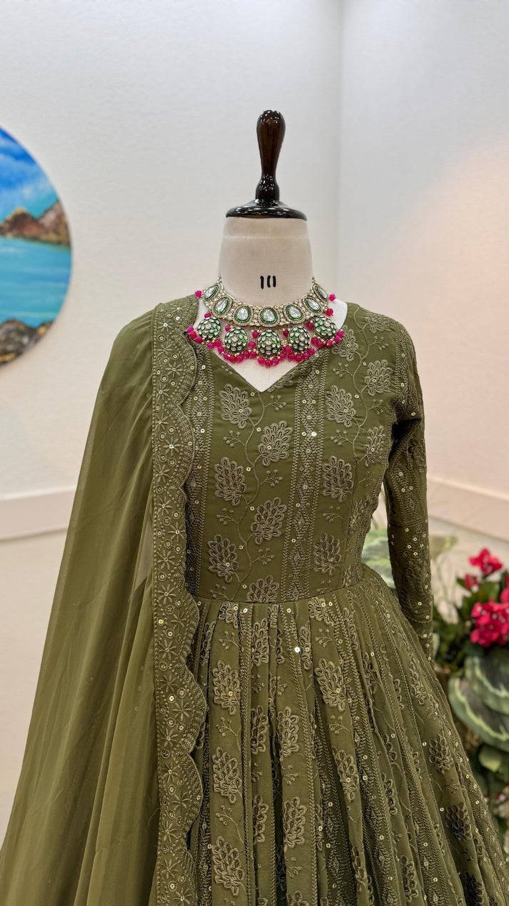 Mehndi Green Color Thread Sequence Work Gown by My Store