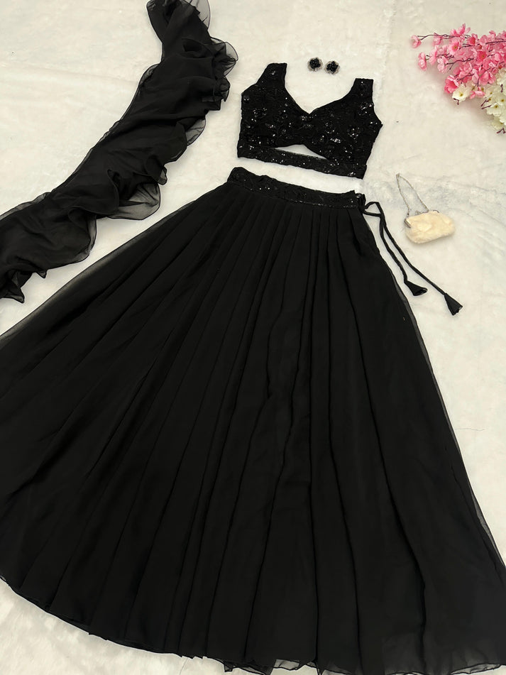 Party Wear Black Lehenga With Sequence Work Blouse by My Store