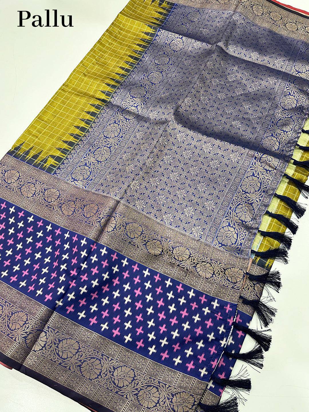 Green Chex Ikkat Saree With Double Border by My Store