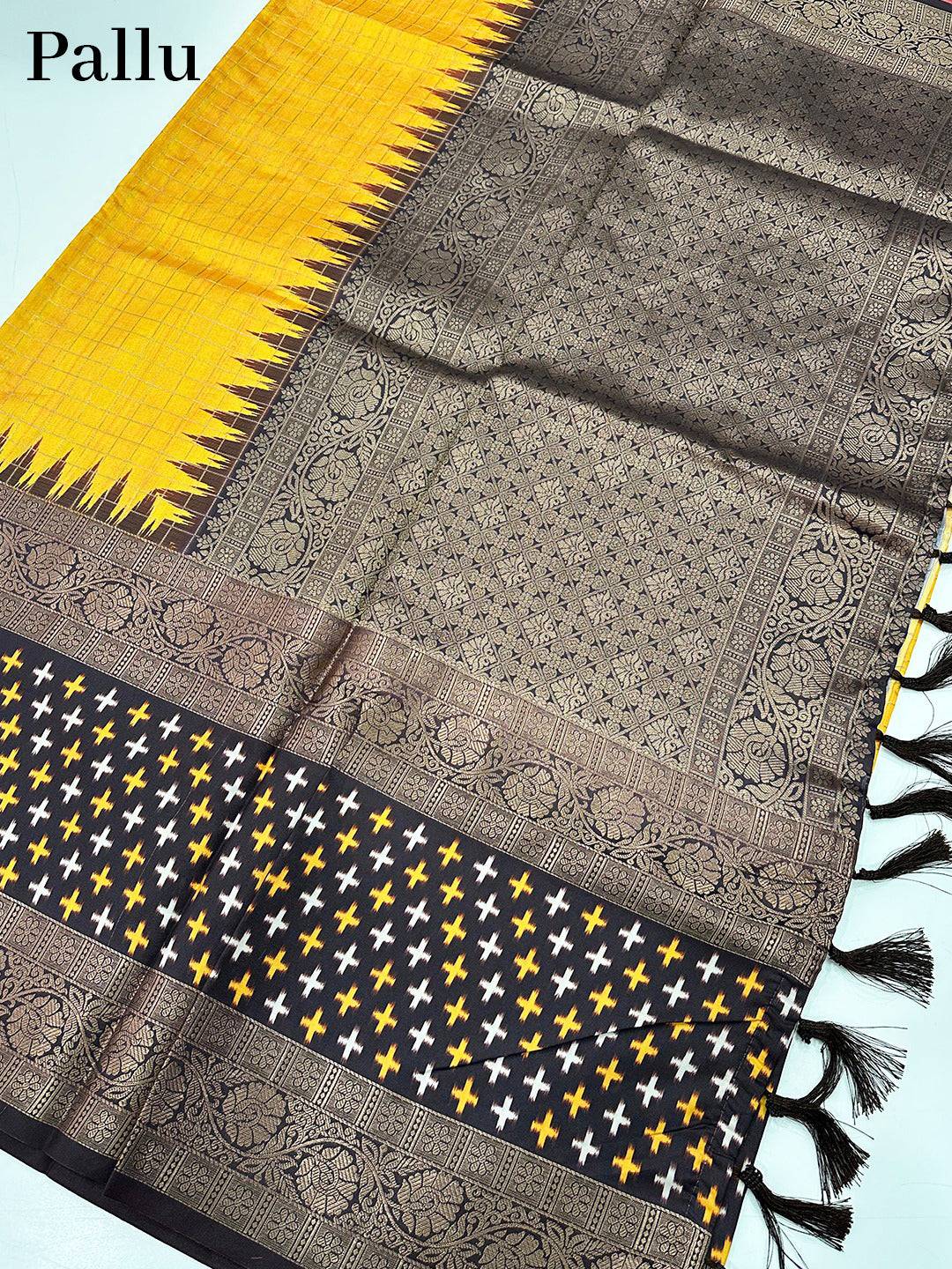 Yellow Chex Ikkat Saree With Double Border