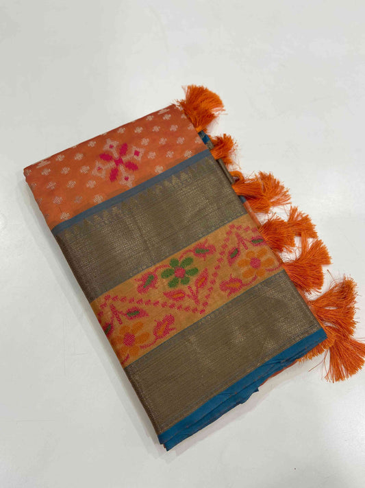Orange Dubbal Ikkat Banarasi Saree by My Store