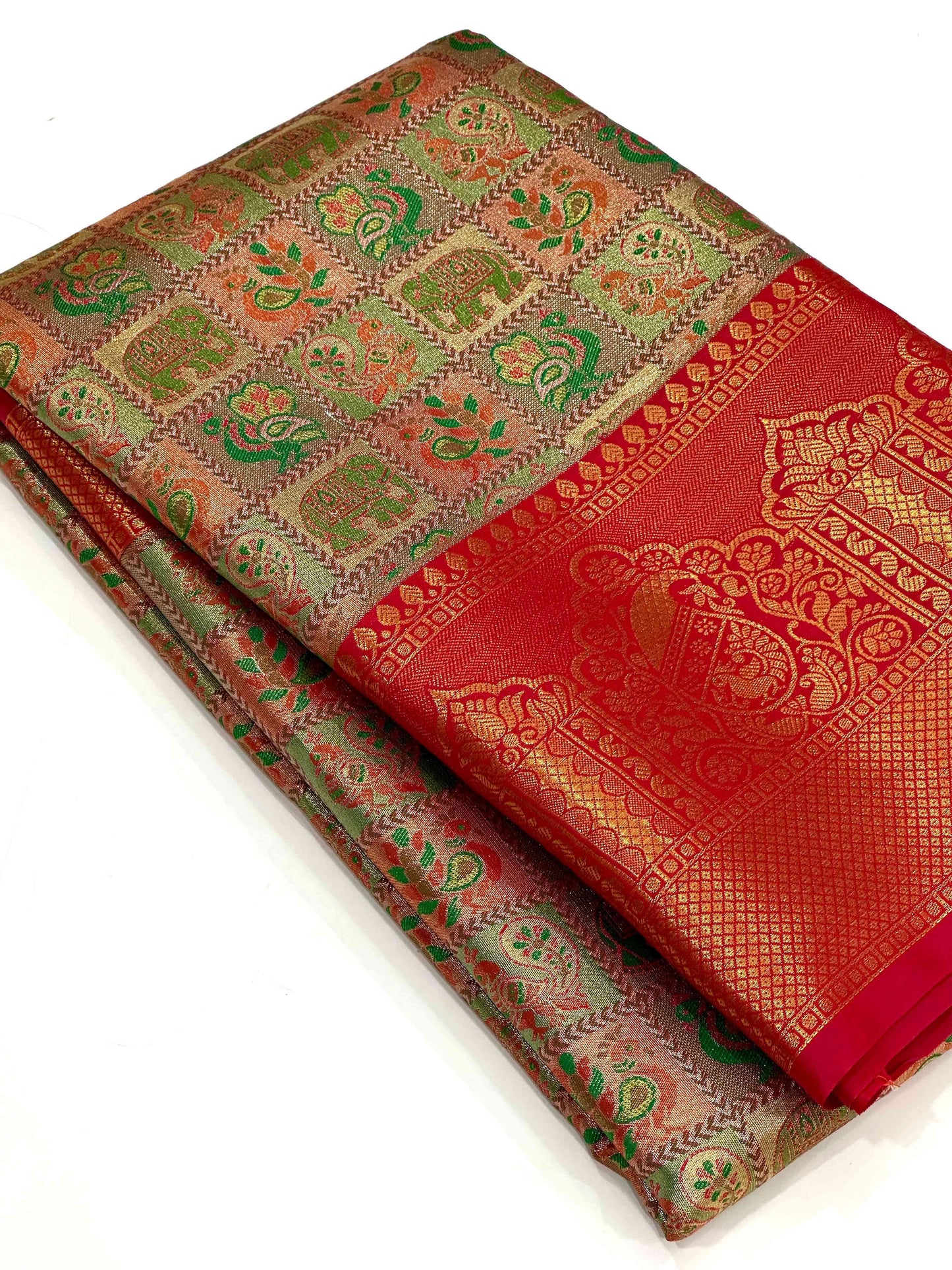 Red Animal Motif Saree With Gold Zari Border by My Store