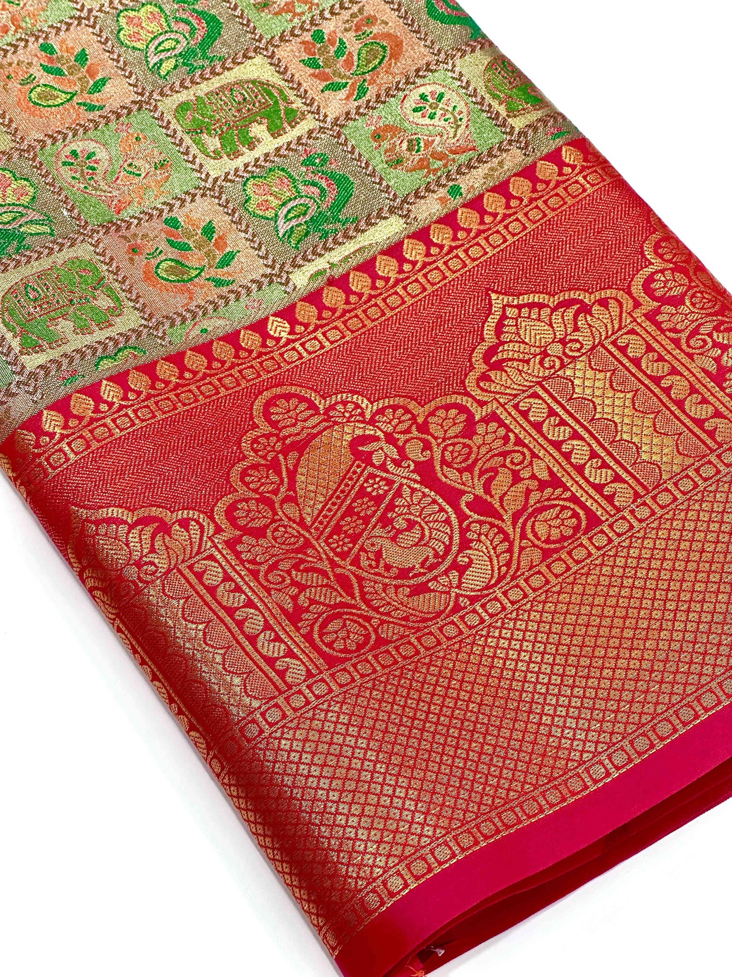 Red Animal Motif Saree With Gold Zari Border by My Store