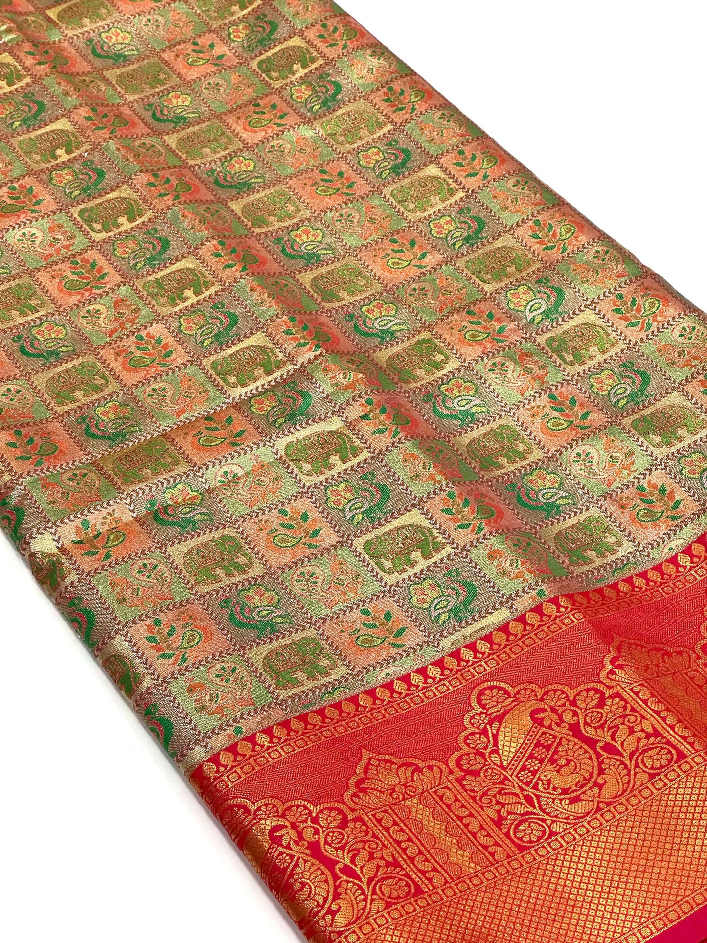 Red Animal Motif Saree With Gold Zari Border by My Store