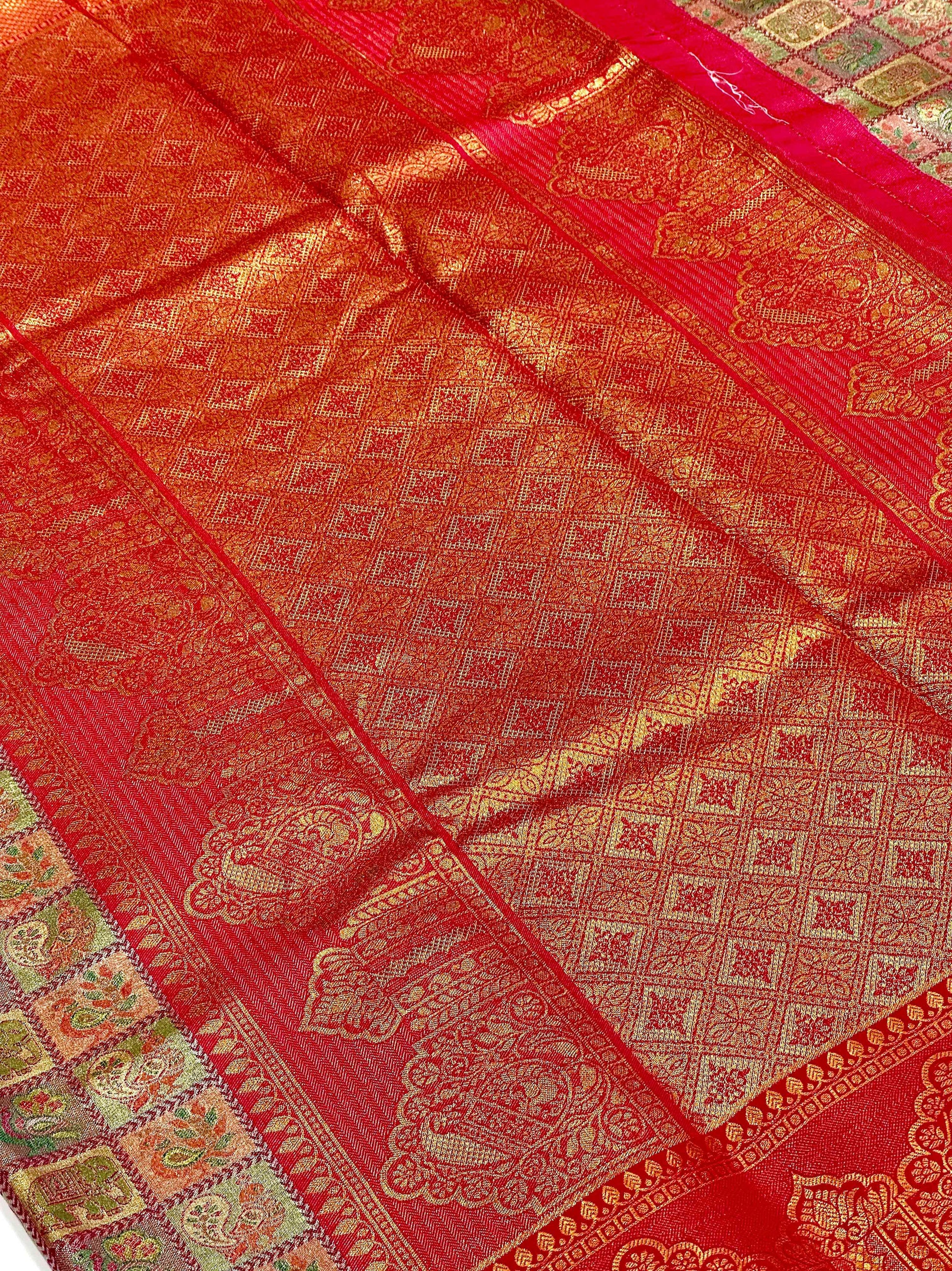 Pink Animal Motif Saree With Gold Zari Border by My Store