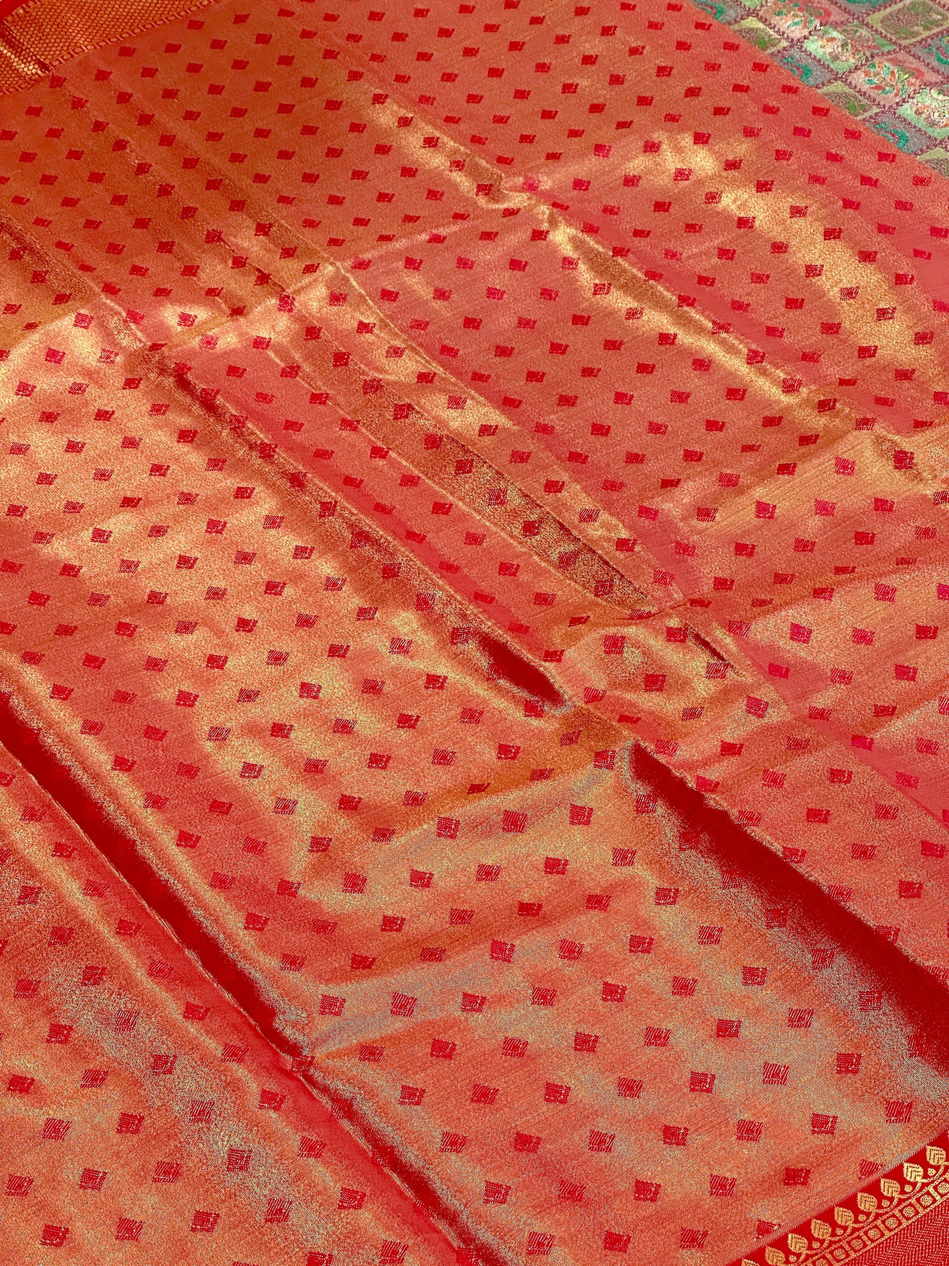 Pink Animal Motif Saree With Gold Zari Border by My Store