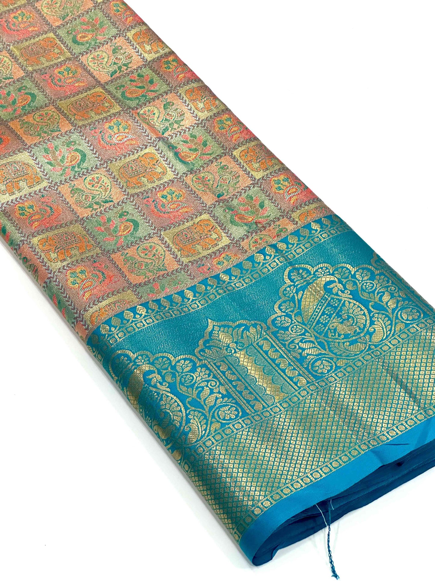 Sky Blue Animal Motif Saree With Gold Zari Border by My Store