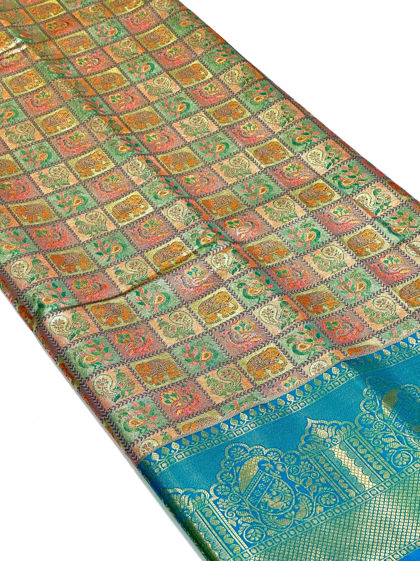 Sky Blue Animal Motif Saree With Gold Zari Border by My Store