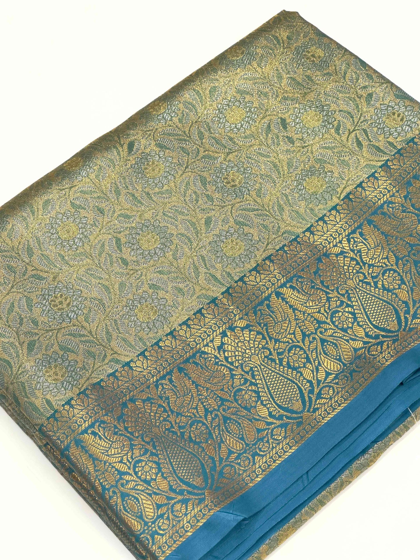 Gold Zari Floral Saree in Rama by My Store