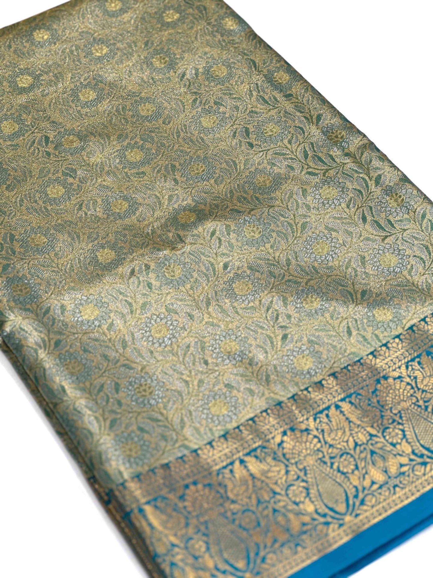 Gold Zari Floral Saree in Rama by My Store