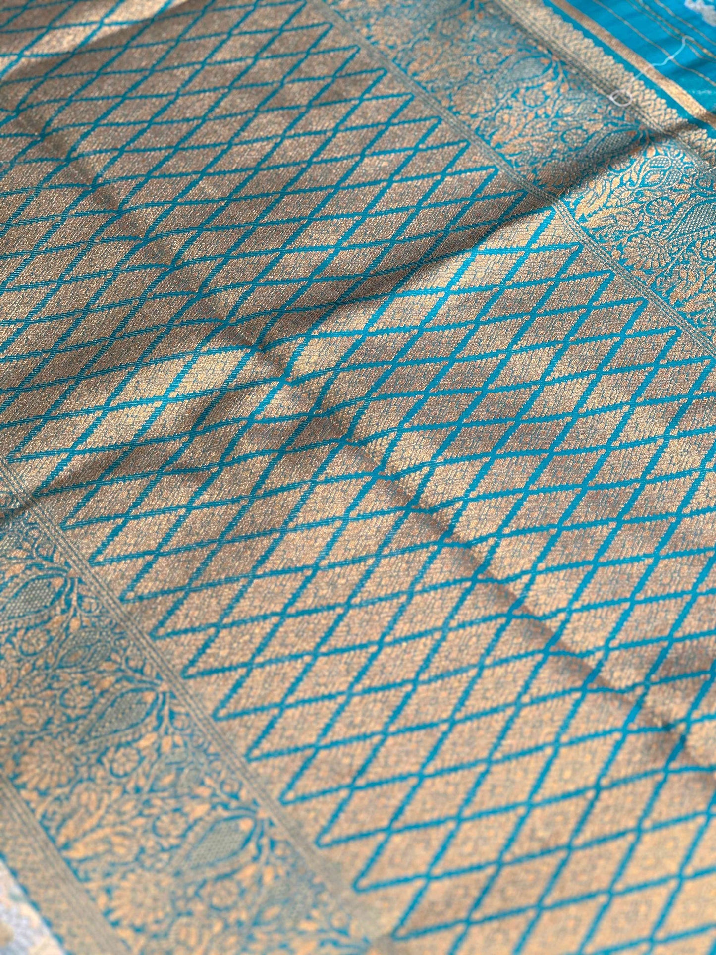 Gold Zari Floral Saree in Rama by My Store