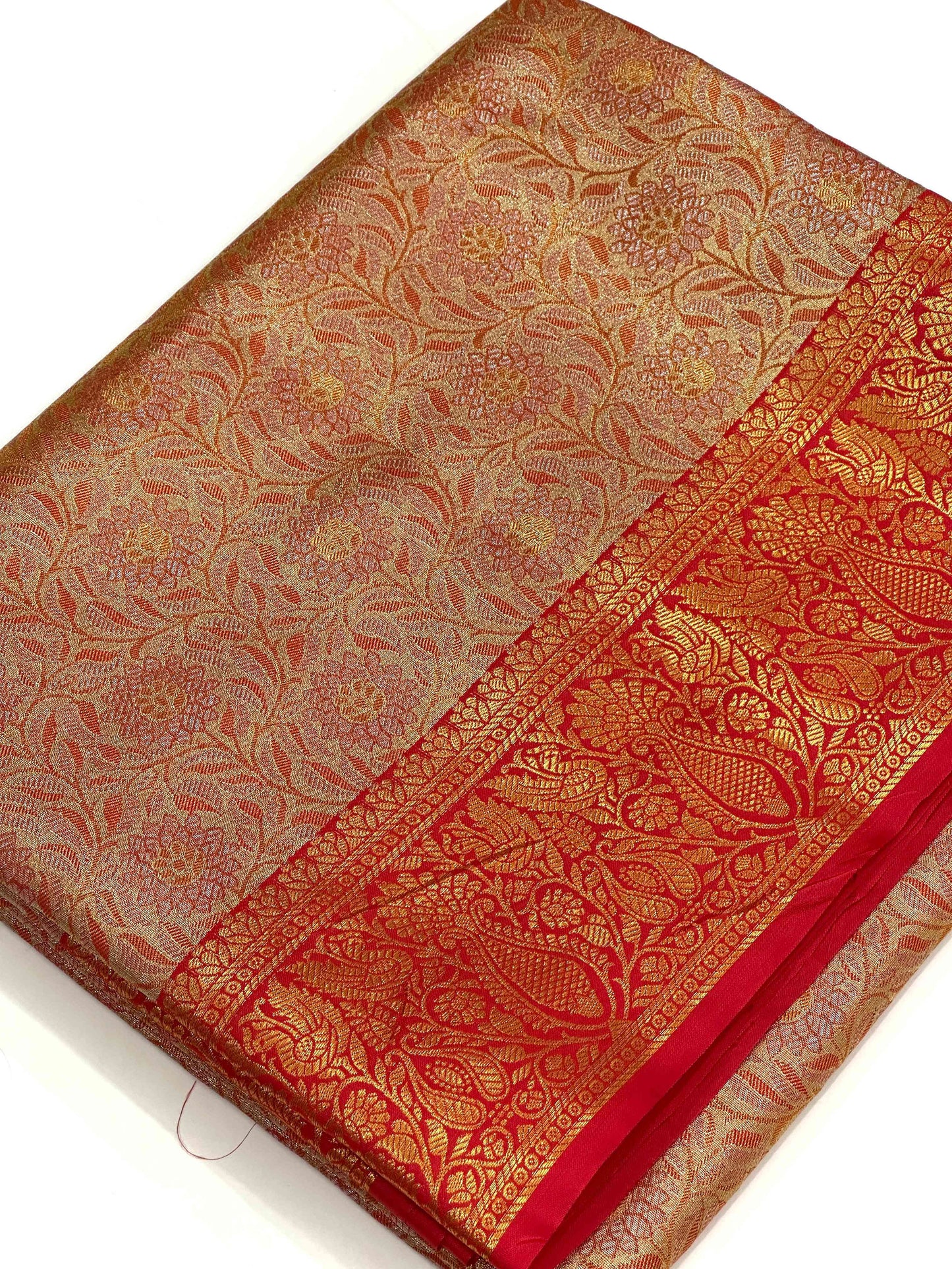 Gold Zari Floral Saree in Red by My Store