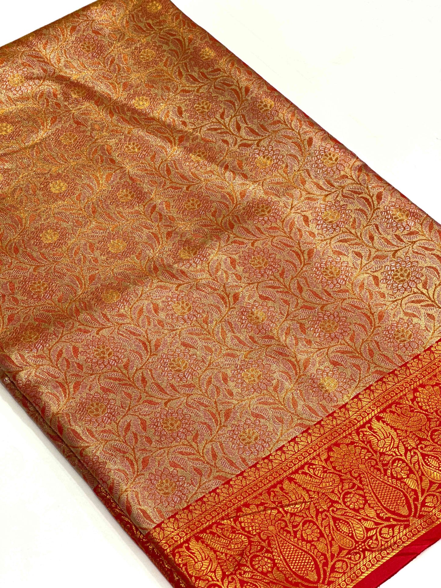 Gold Zari Floral Saree in Red by My Store