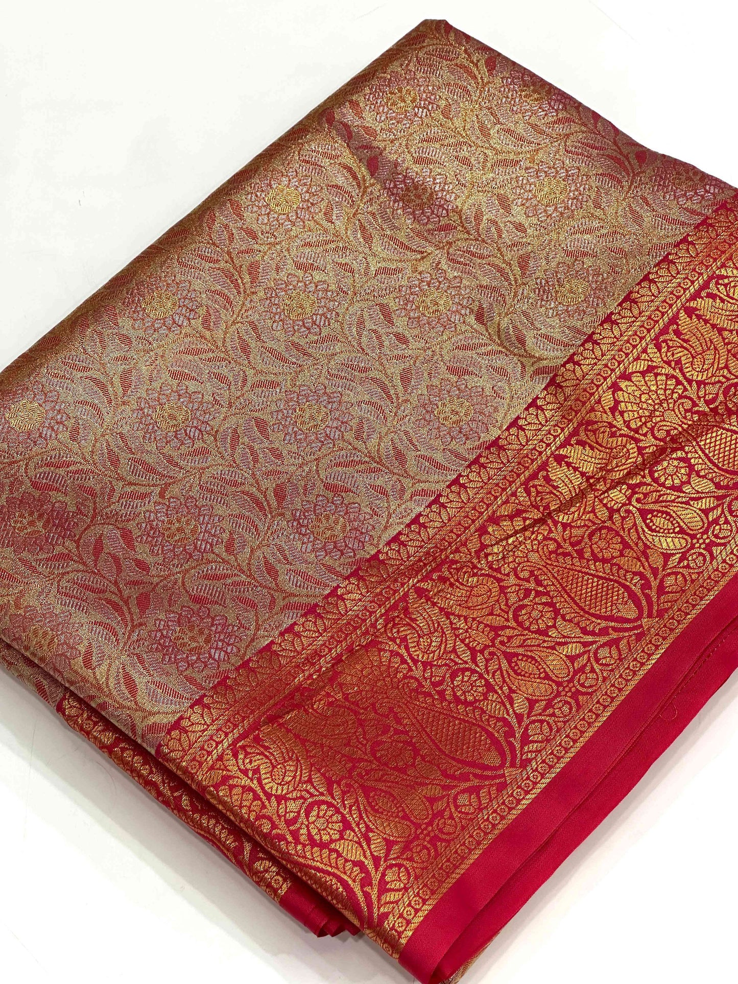 Gold Zari Floral Saree in Pink by My Store