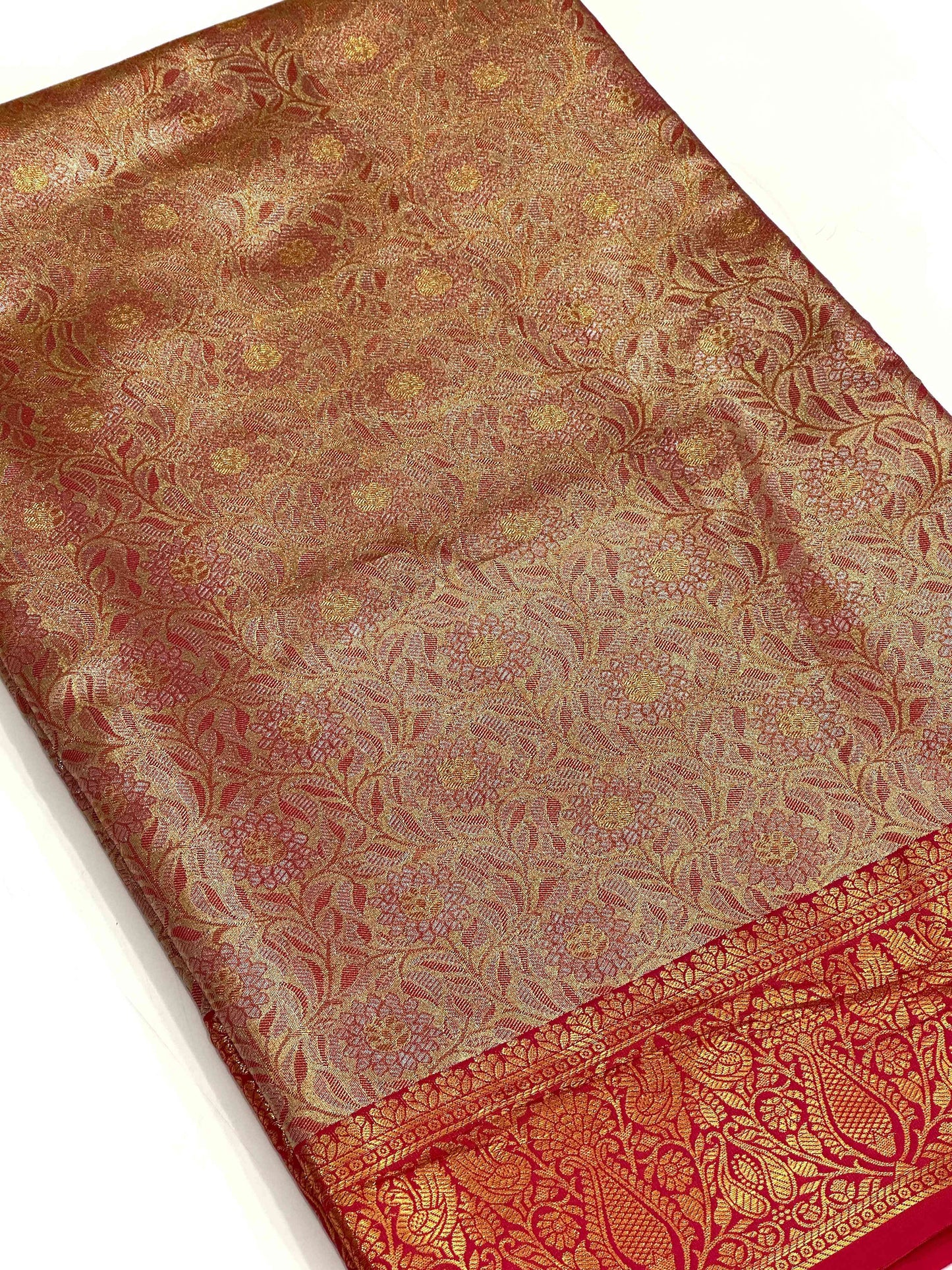 Gold Zari Floral Saree in Pink by My Store