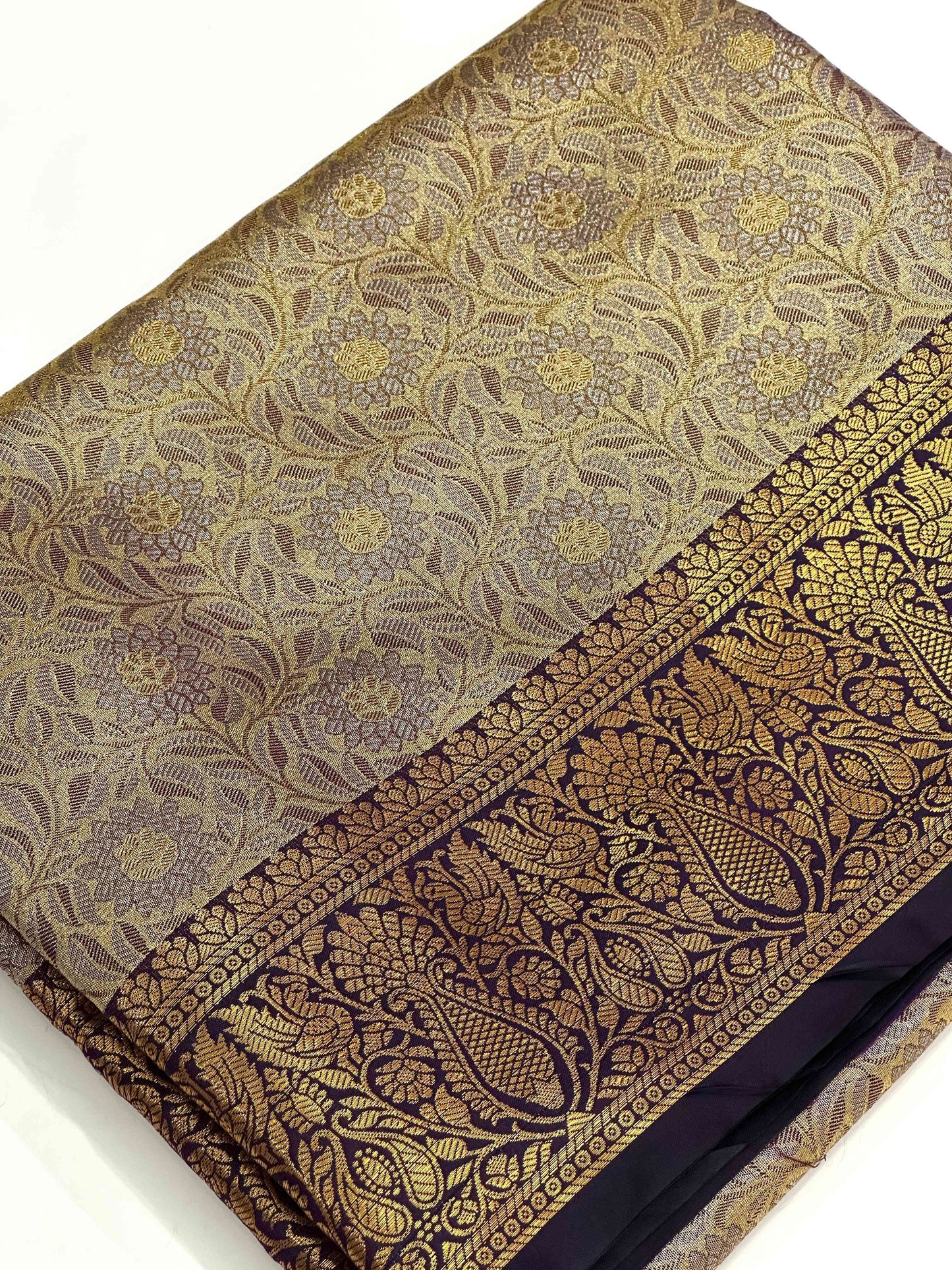 Gold Zari Floral Saree in Black by My Store