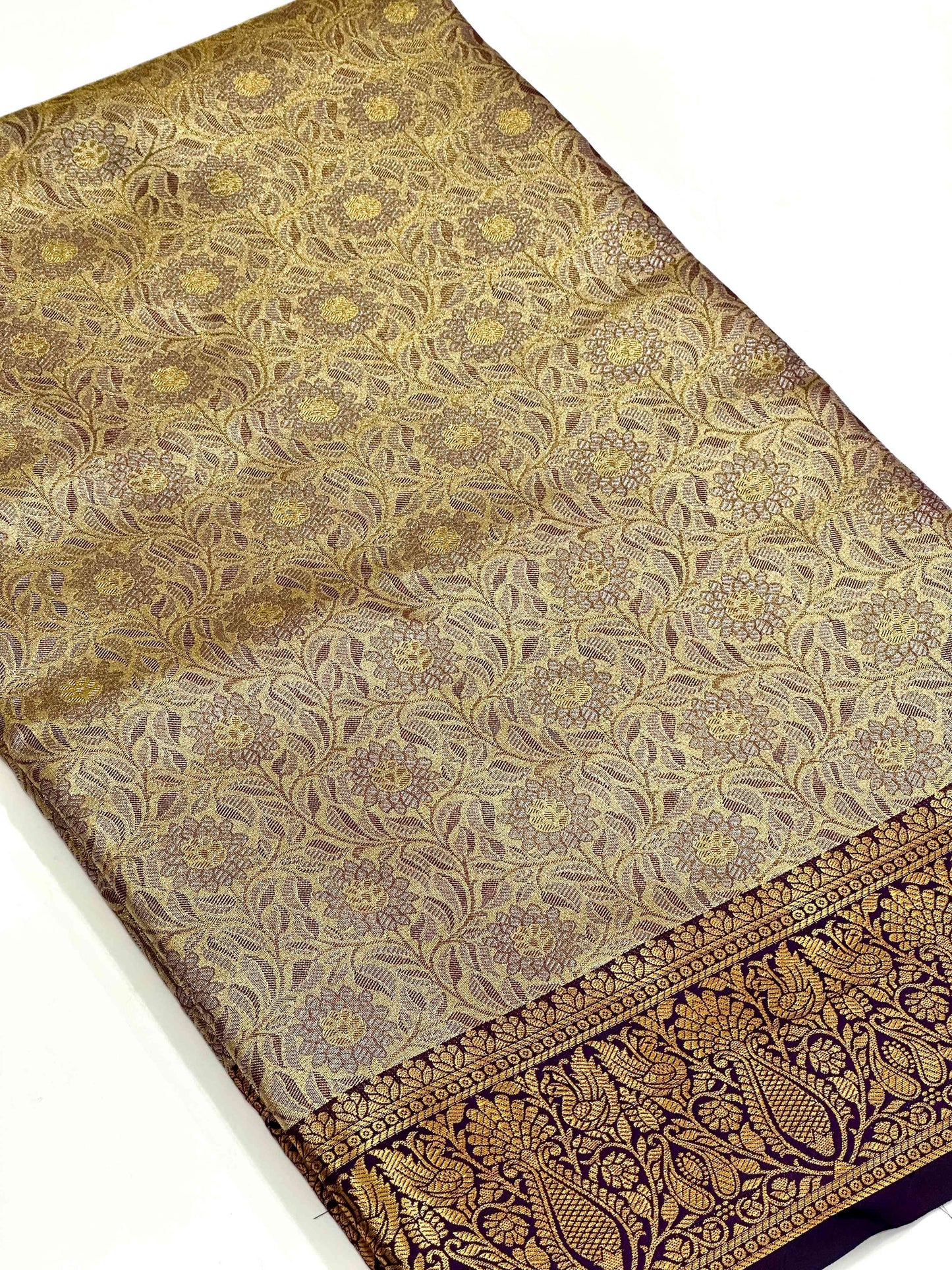 Gold Zari Floral Saree in Black by My Store