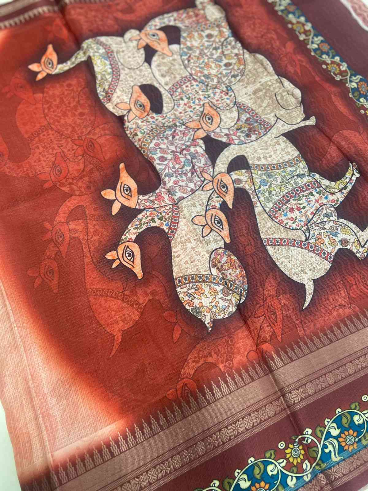 Rust Red Kota Satin Border Saree by My Store