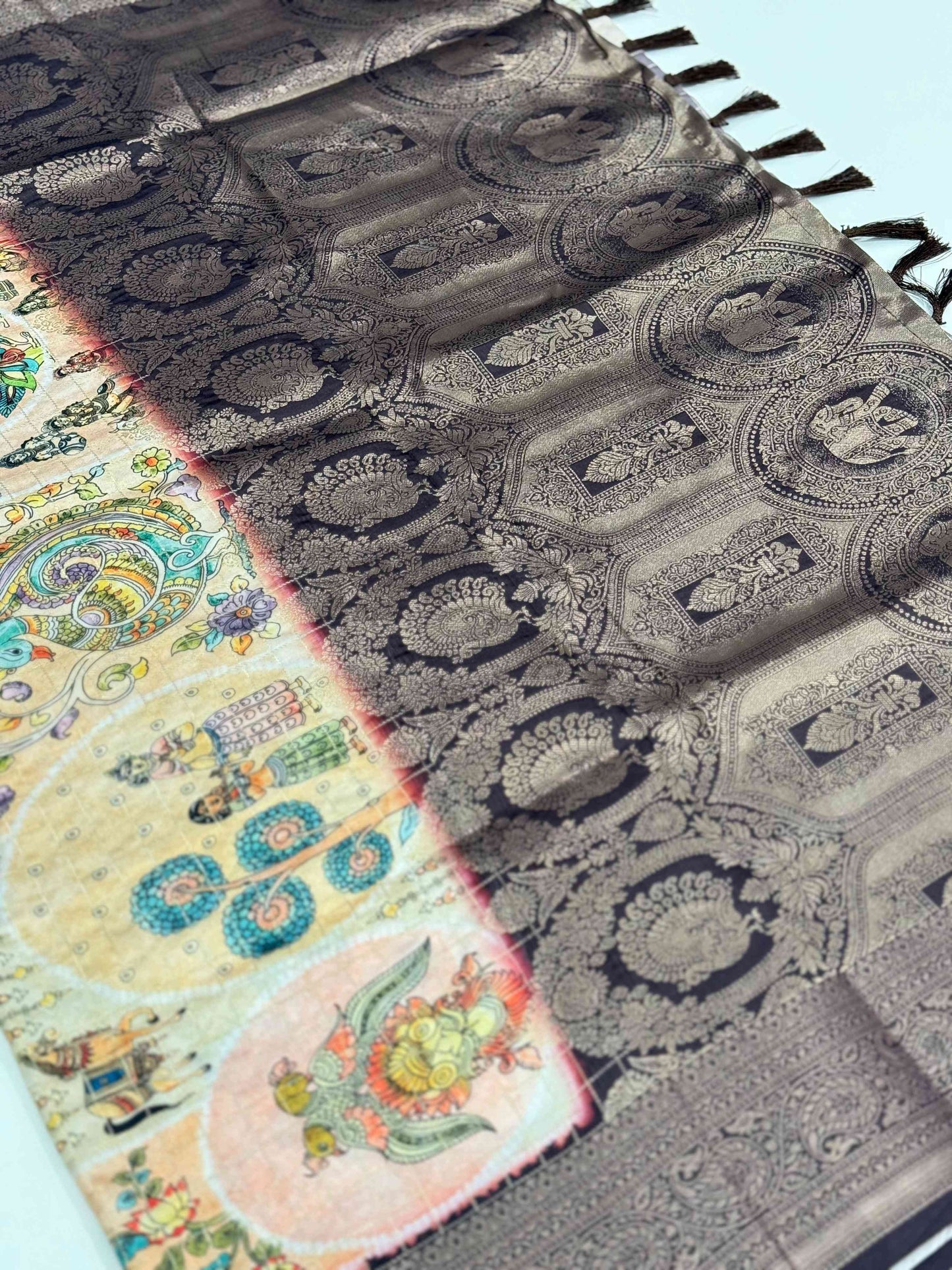Artisanal Brown Silk Blend Kalamkari Saree