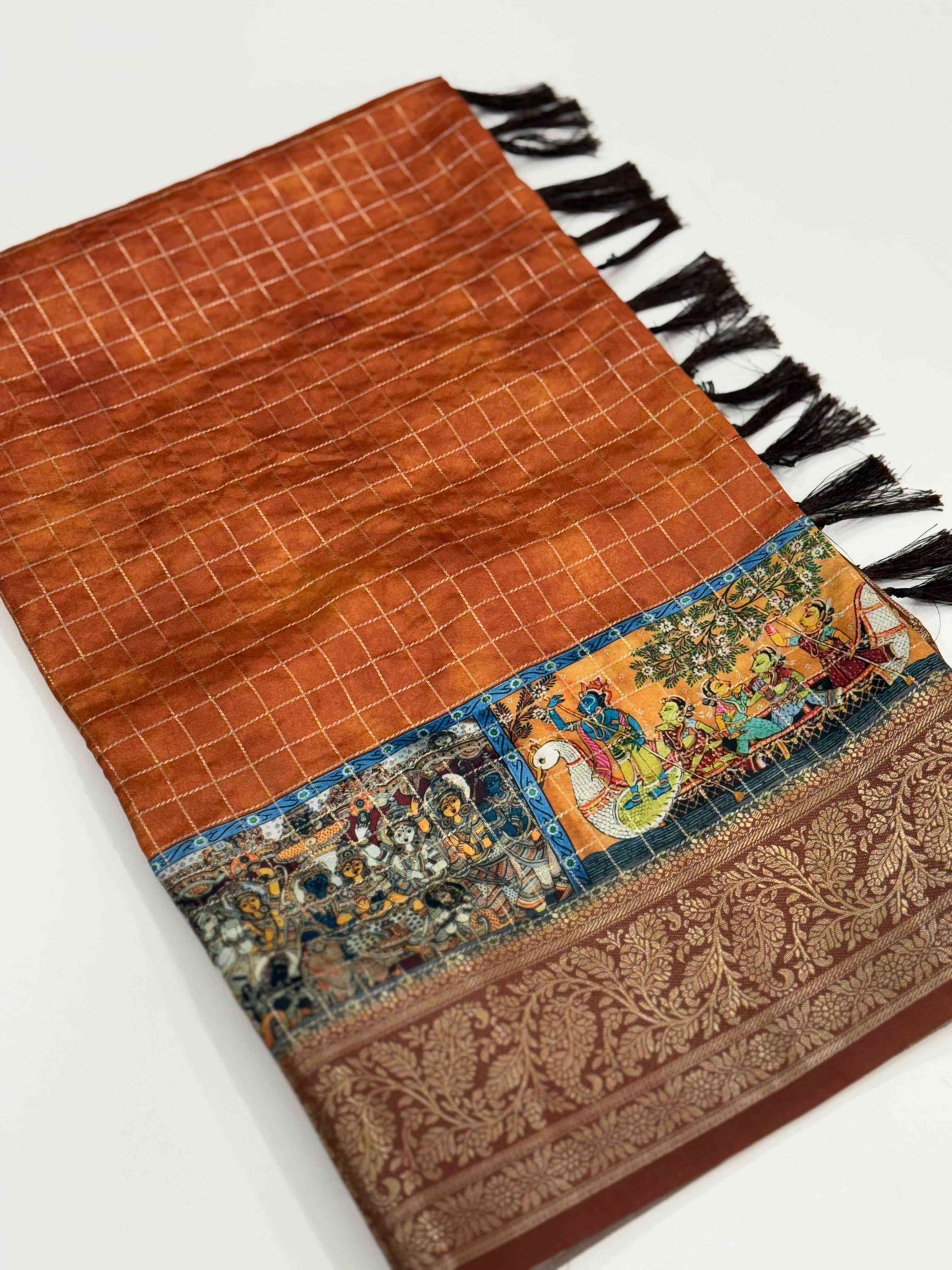 Rust Orange Tussar Silk Kalamkari Checkered Saree by My Store