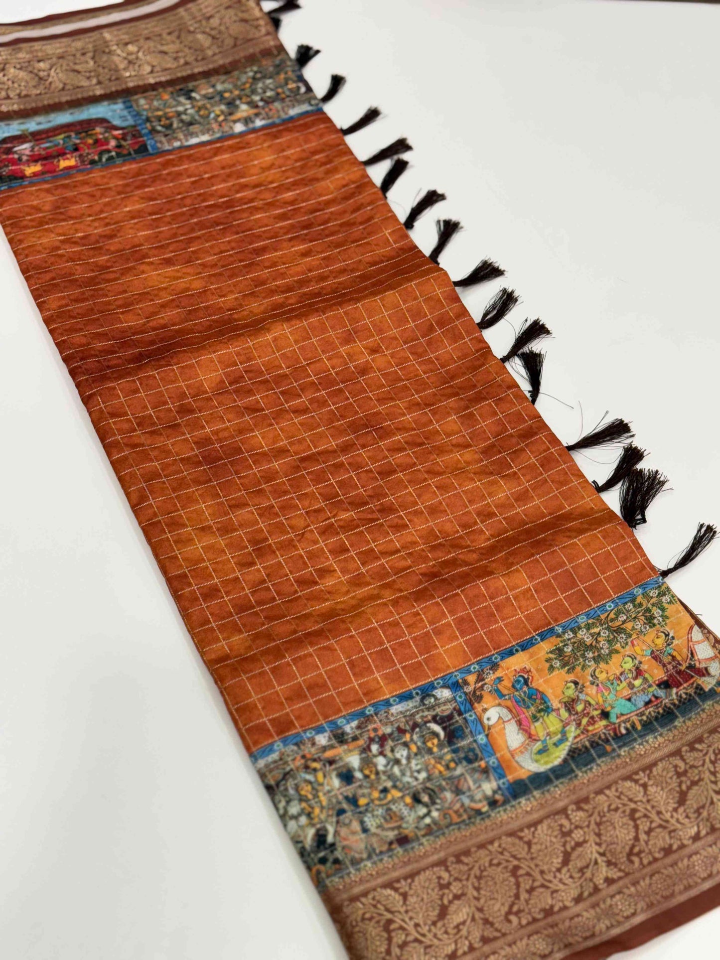 Rust Orange Tussar Silk Kalamkari Checkered Saree by My Store