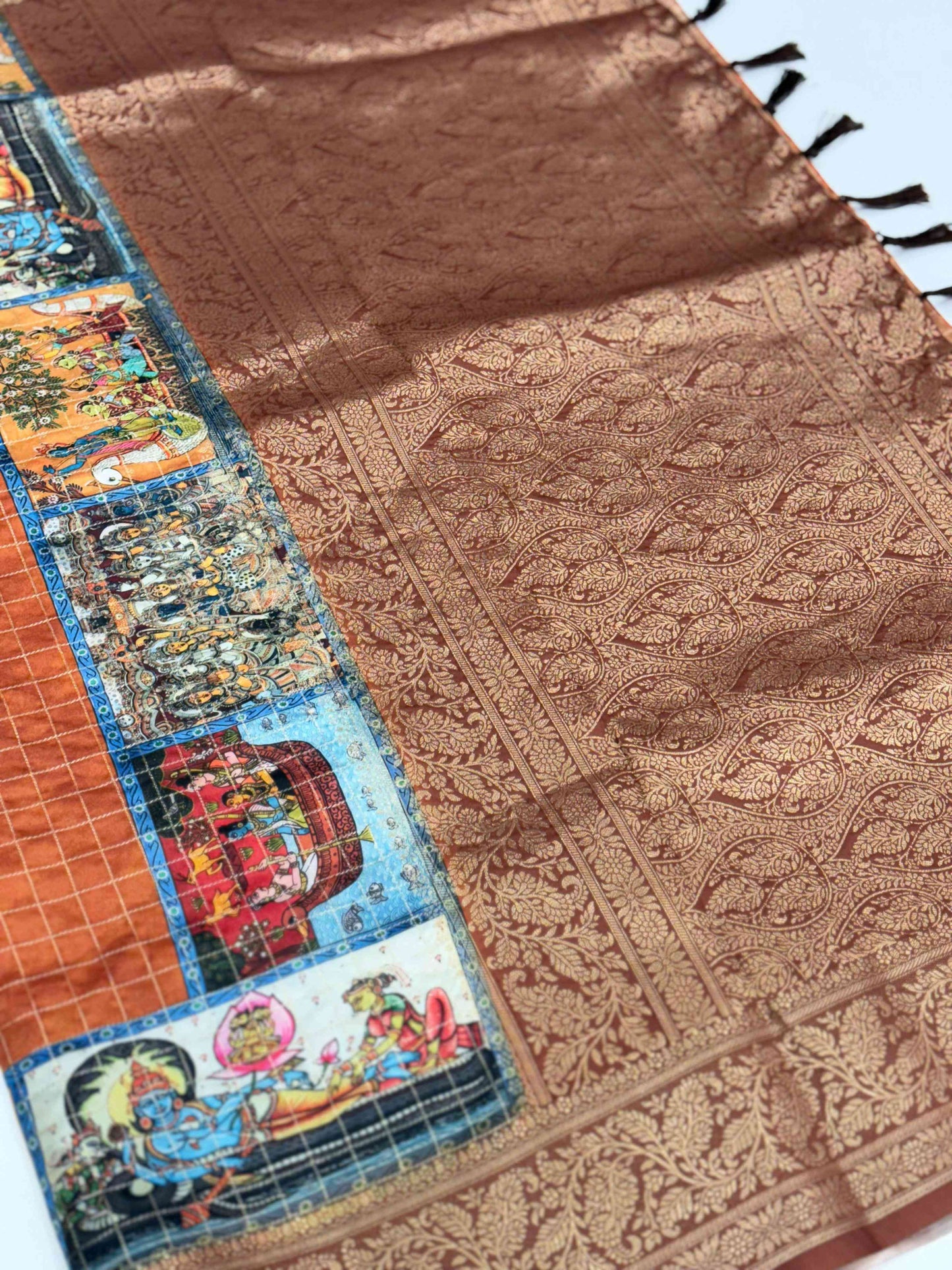 Rust Orange Tussar Silk Kalamkari Checkered Saree by My Store