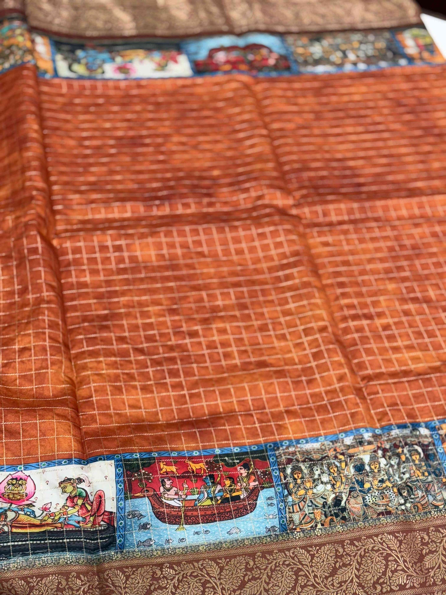 Rust Orange Tussar Silk Kalamkari Checkered Saree by My Store