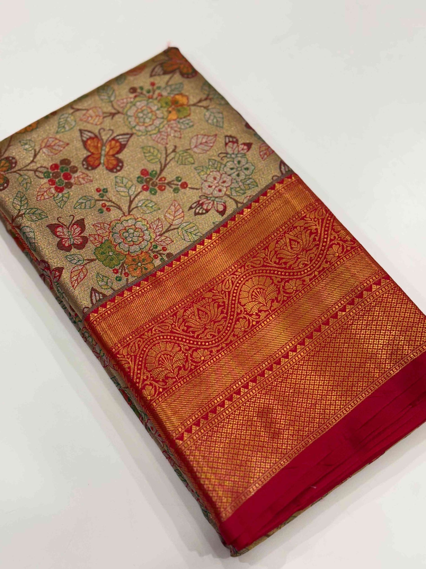 Red Dharmavaram Butterfly Silk Saree by My Store