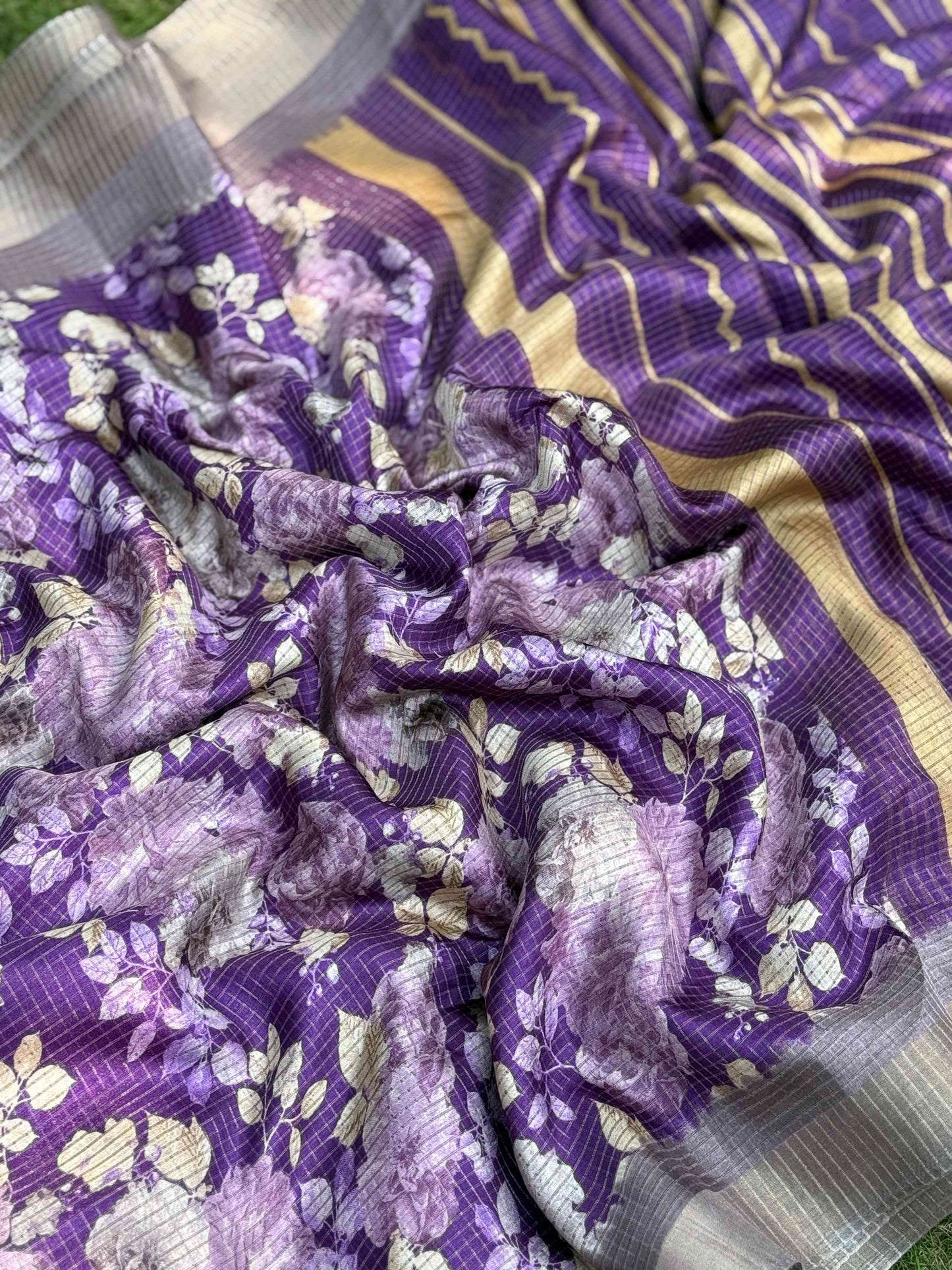 Purple Tussar Chex Floral Saree by My Store