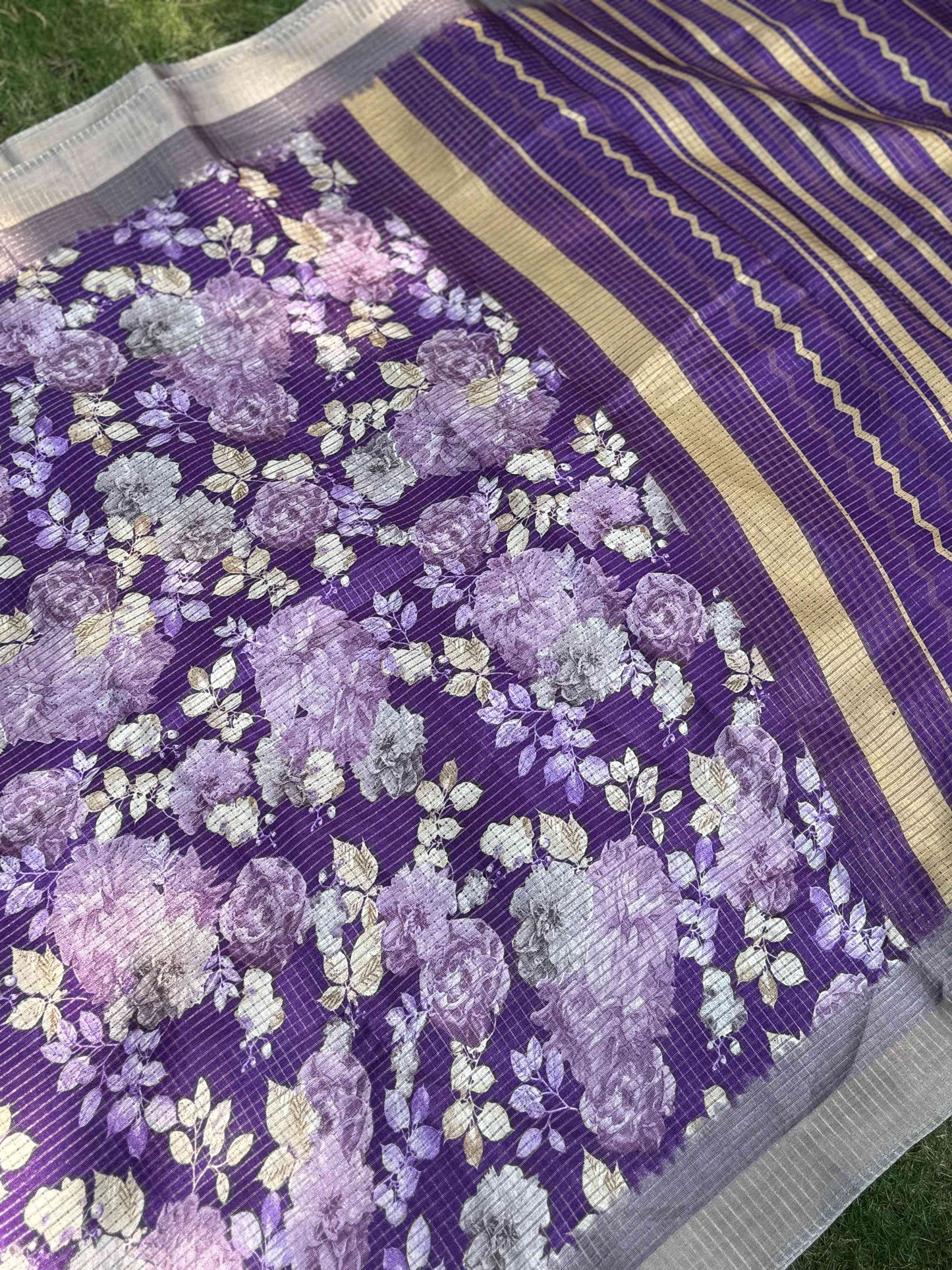 Purple Tussar Chex Floral Saree by My Store