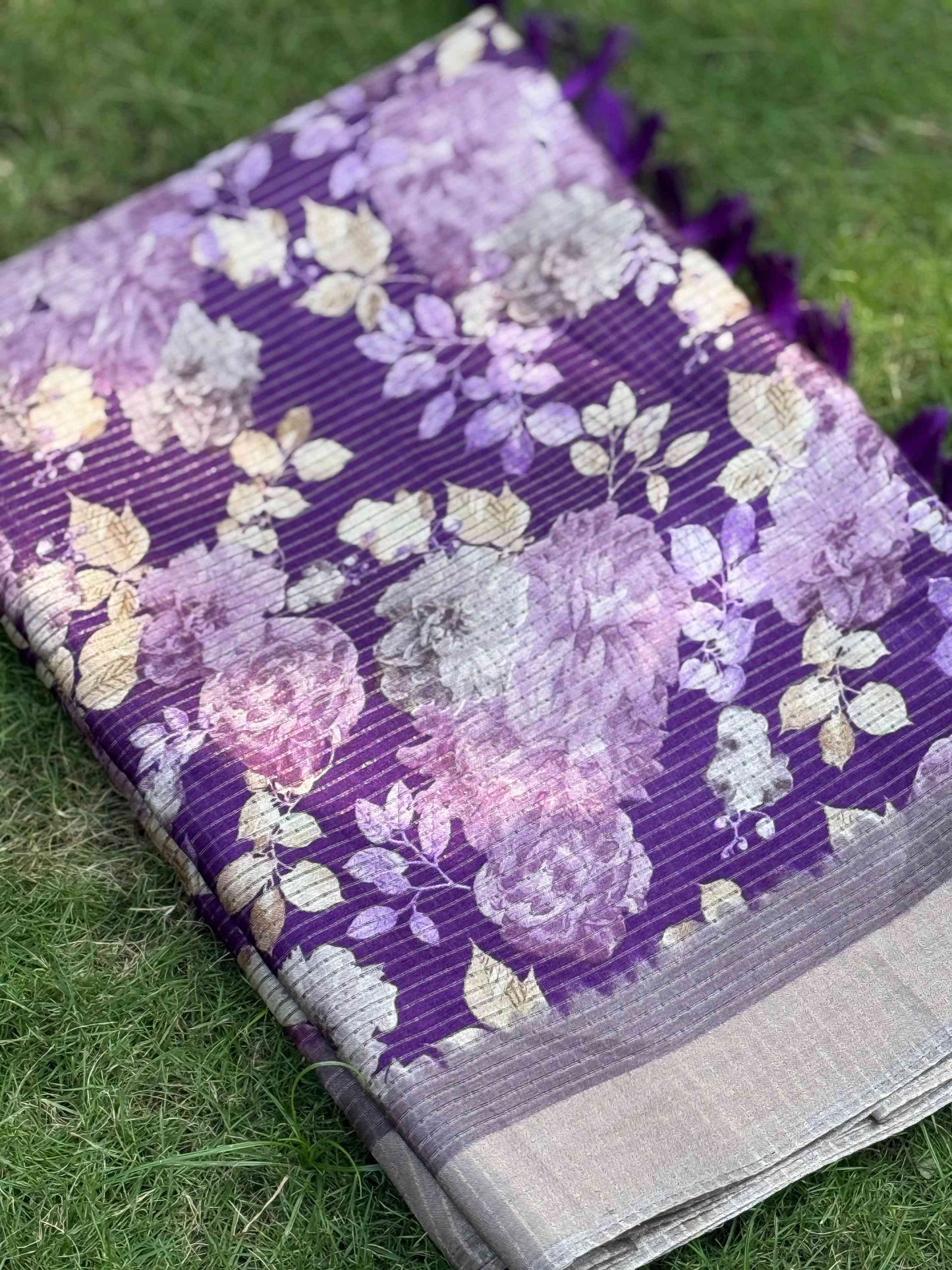 Purple Tussar Chex Floral Saree by My Store