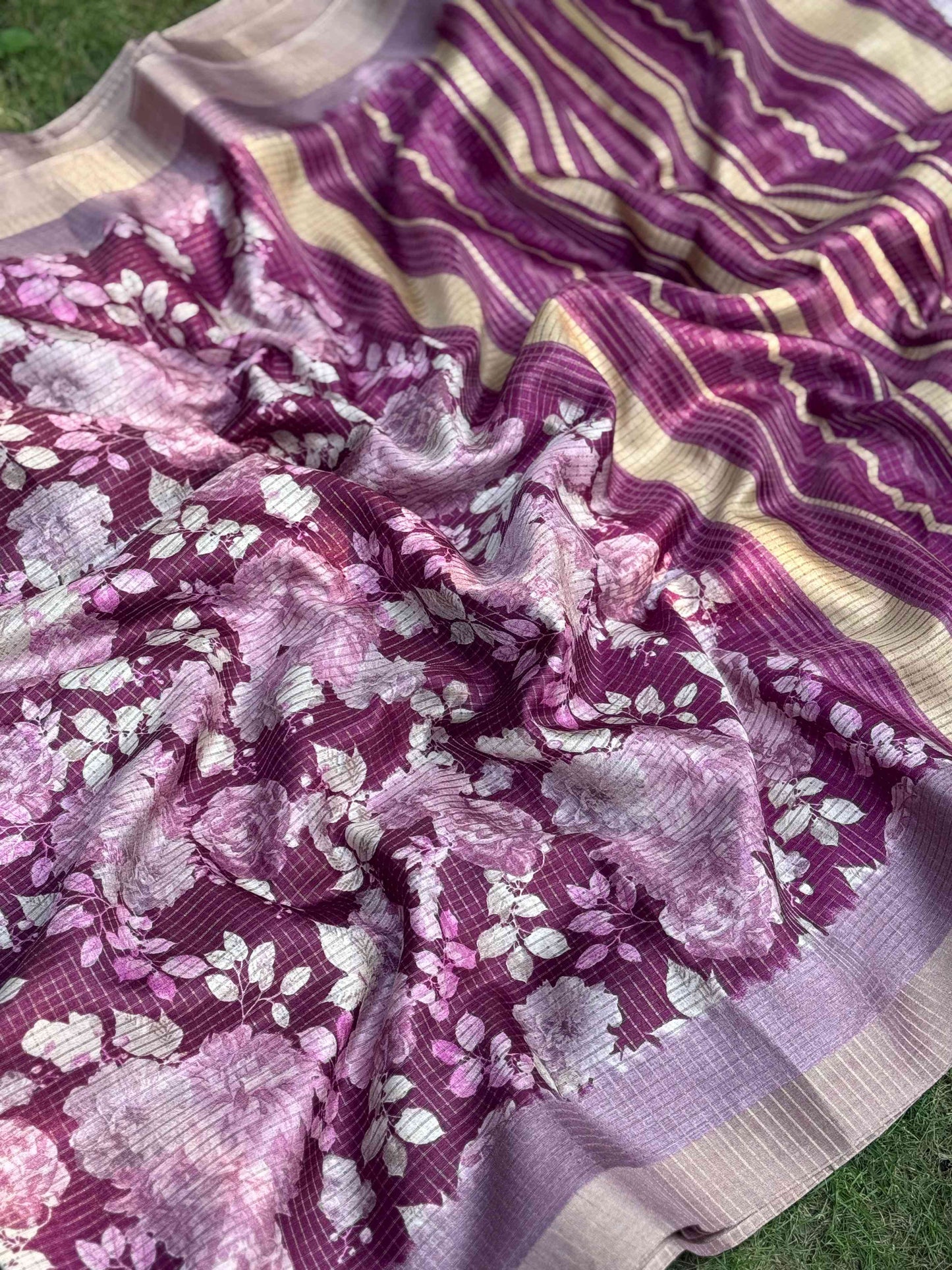 Wine Tussar Chex Floral Saree
