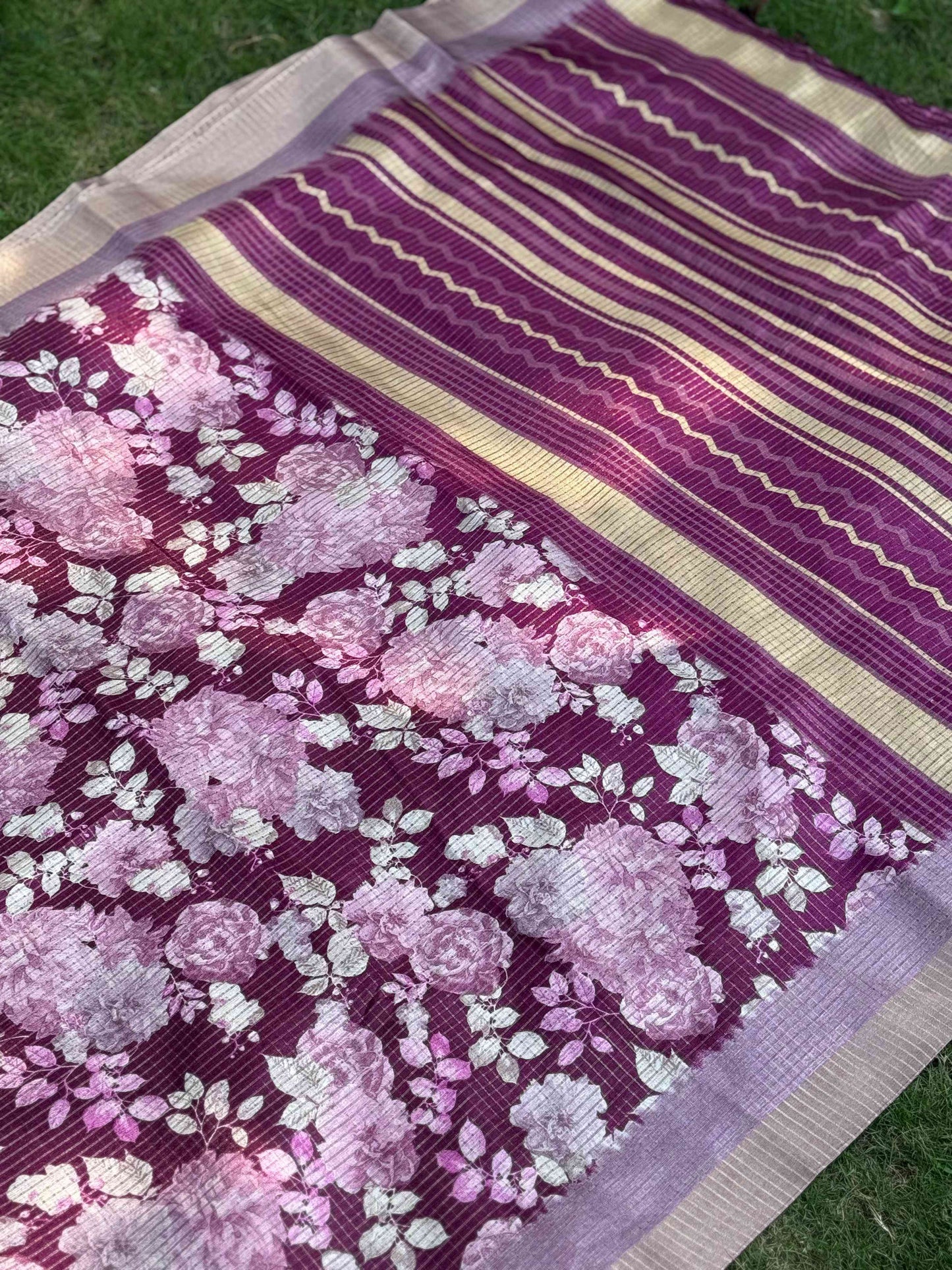 Wine Tussar Chex Floral Saree