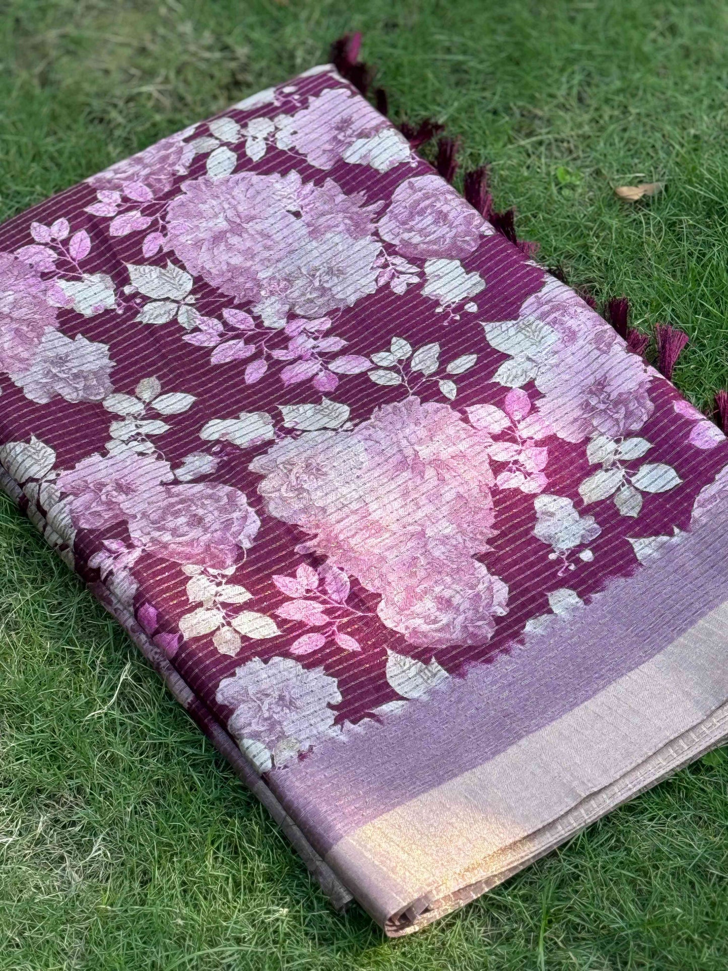 Wine Tussar Chex Floral Saree