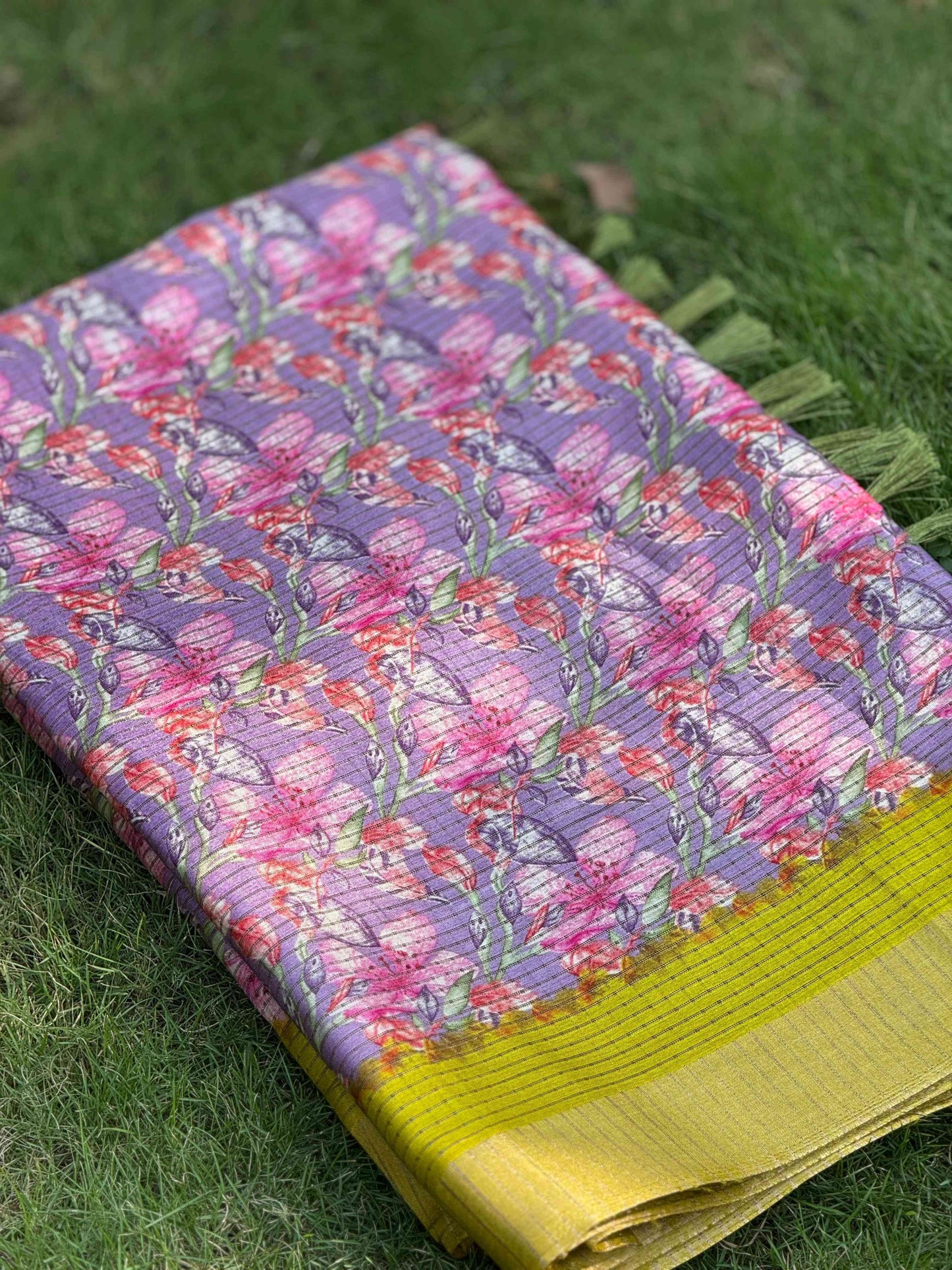 Lavender Tussar Chex Floral Saree by My Store