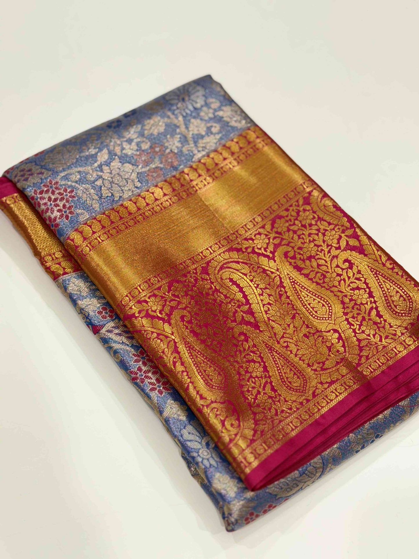 Royal Blue Dharmavaram Silk Floral Saree by My Store