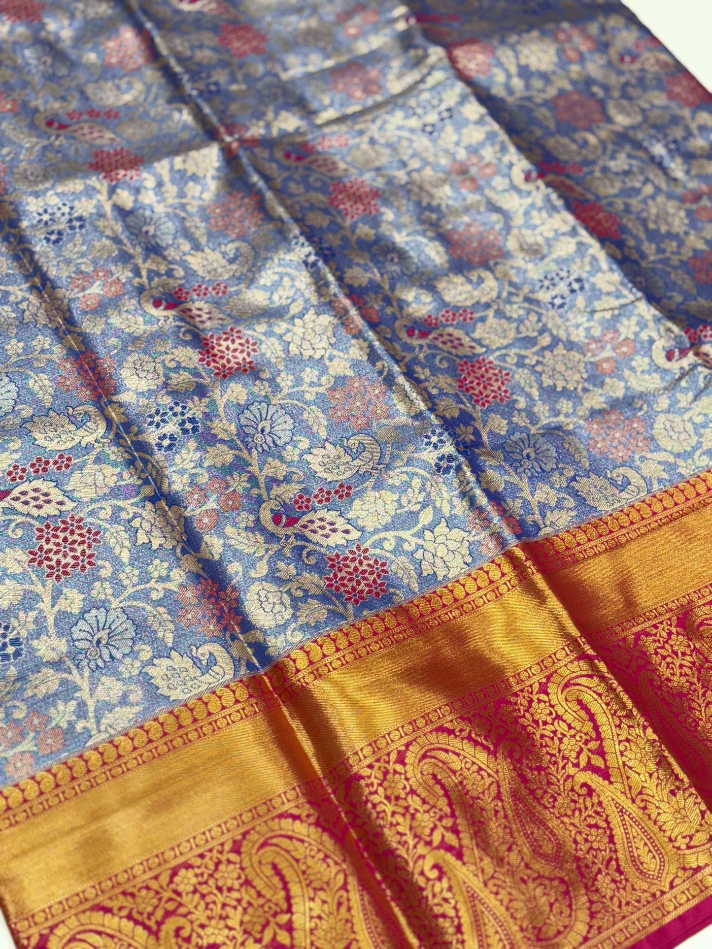 Royal Blue Dharmavaram Silk Floral Saree by My Store