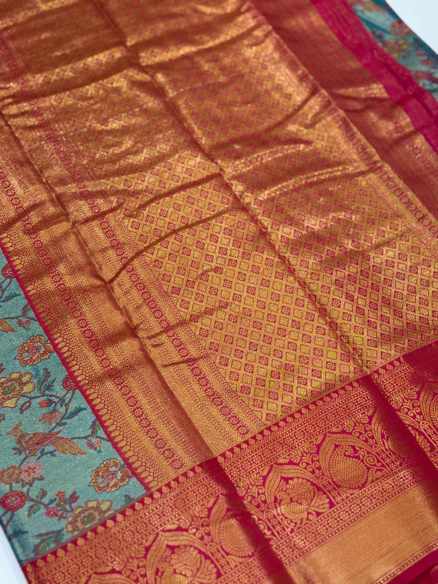 Crimson Teal Dharmavaram Silk Saree by My Store